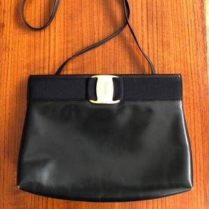 Vintage Ferragamo navy leather bag w gold detail